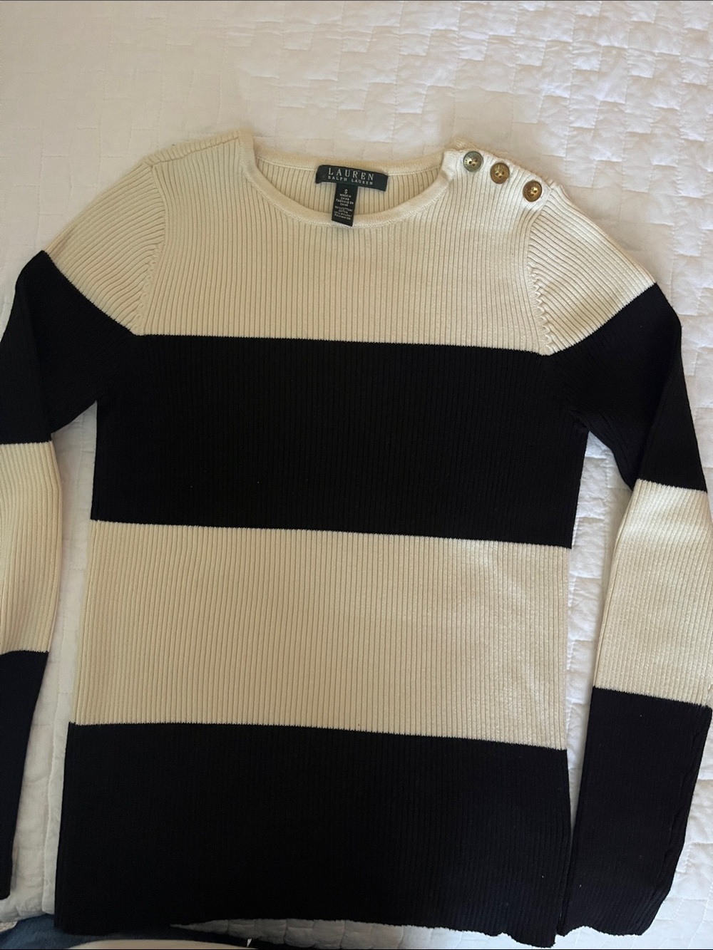 LAUREN Ralph Lauren Black & Cream Striped Ribbed Button-Shoulder Sweater
